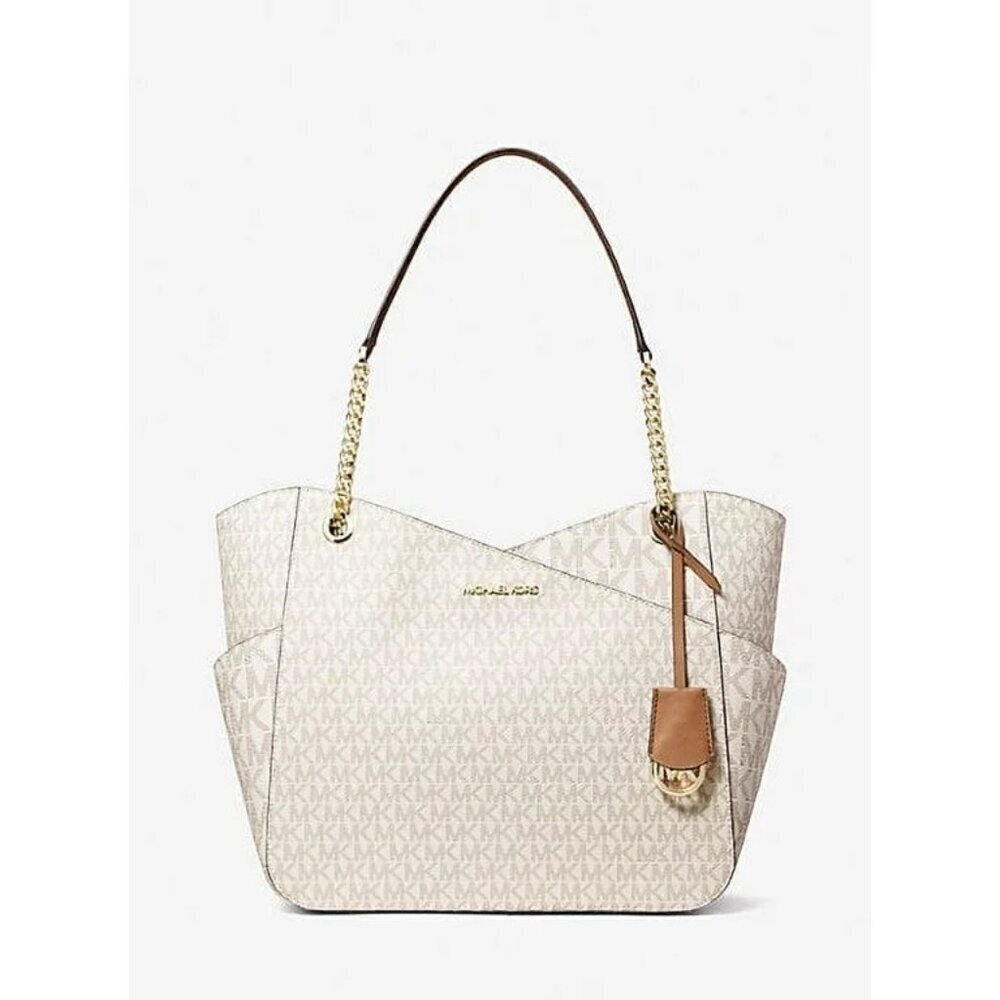 Michael Kors Jet Set Large Logo‎ Shoulder Bag in Vanilla/Brown Chain Strap $558